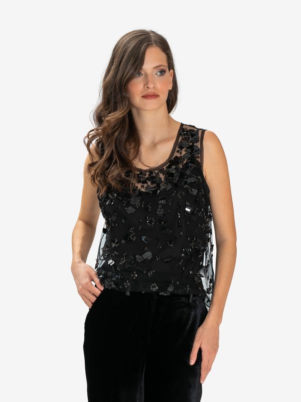 P.A.R.O.S.H. Top smanicato in tulle con paillettes Nero