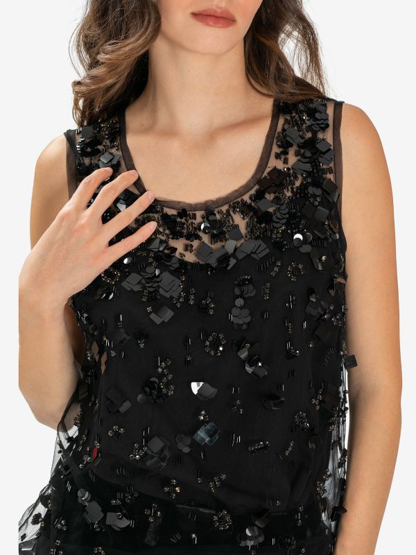 P.A.R.O.S.H. Top smanicato in tulle con paillettes Nero
