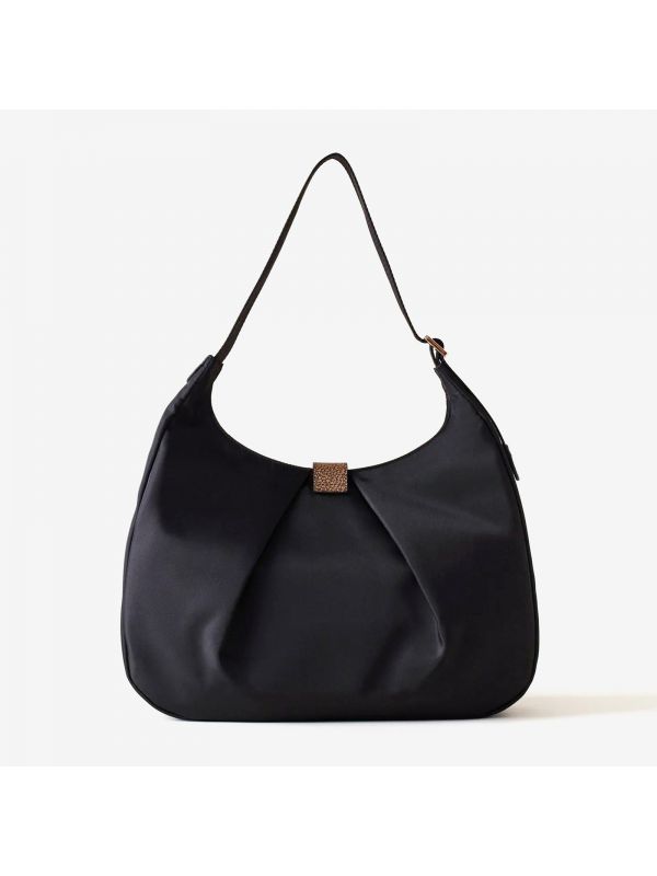 BORBONESE Hobo bag tessuto nero con fibbia oro