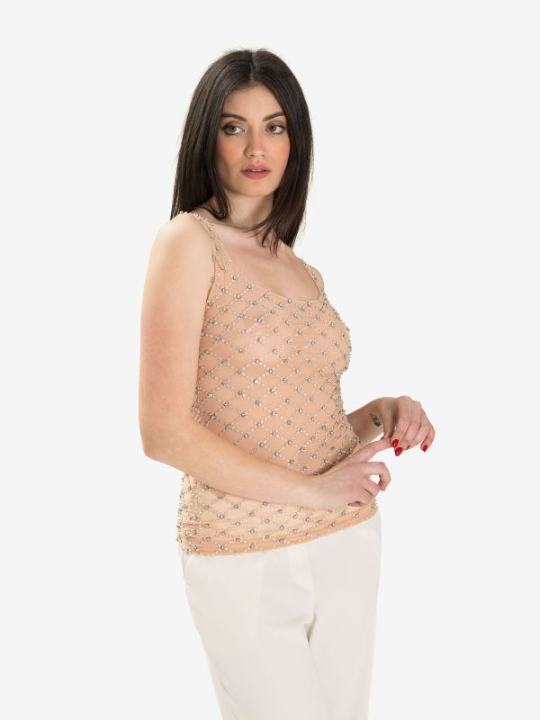 P.A.R.O.S.H. Blusa smanicata tulle con strass Cipria P.A.R.O.S.H. Blusa smanicata tulle con strass Cipria