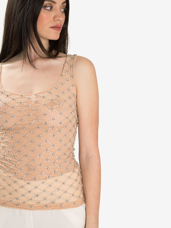 P.A.R.O.S.H. Blusa smanicata tulle con strass Cipria