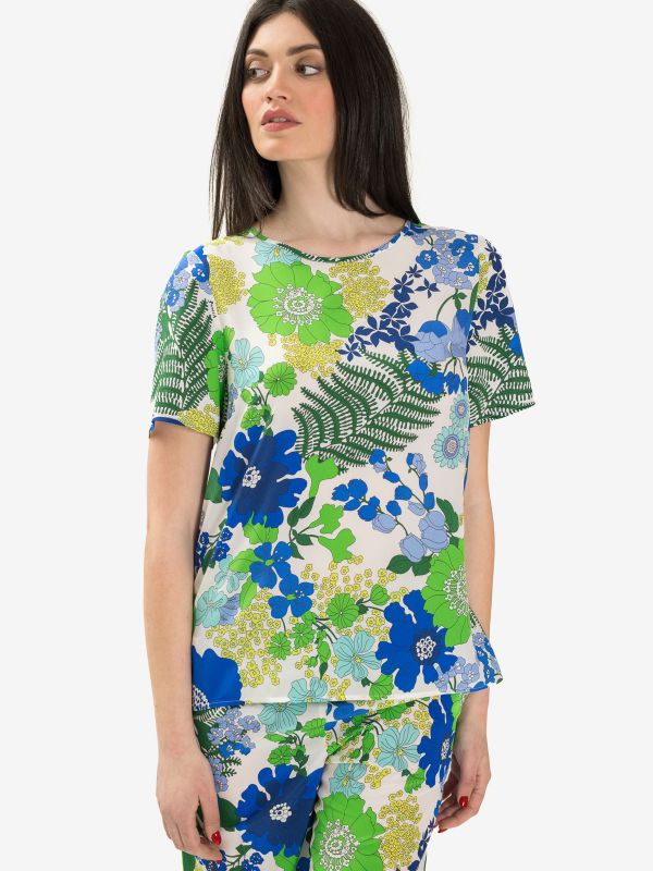 P.A.R.O.S.H. Blusa seta m/c fondo bianco fantasia fiori blu/verde 