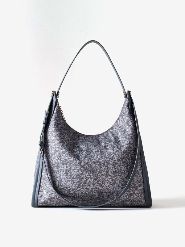 BORBONESE Borsa hobo medium tessuto + pelle Grigio