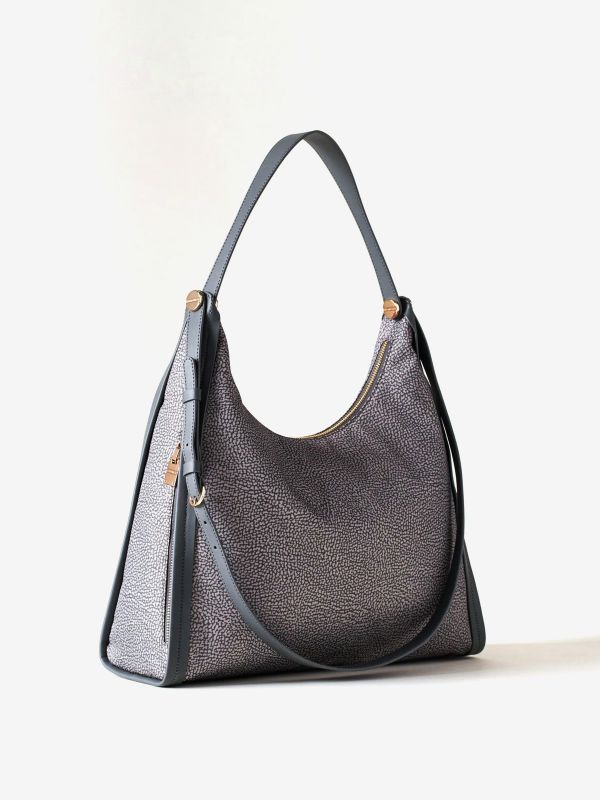 BORBONESE Borsa hobo medium tessuto + pelle Grigio