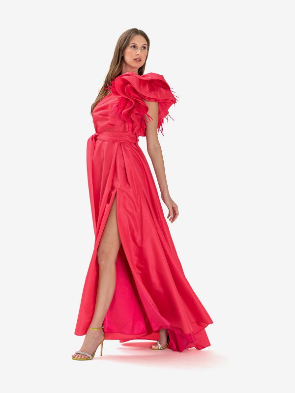 ANTONIO D'ERRICO Abito lungo monospalla con rouches taftà Fragola
