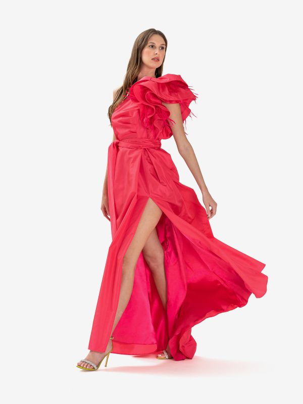 ANTONIO D'ERRICO Abito lungo monospalla con rouches taftà Fragola