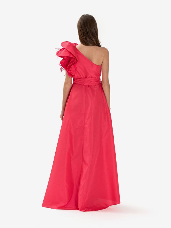 ANTONIO D'ERRICO Abito lungo monospalla con rouches taftà Fragola