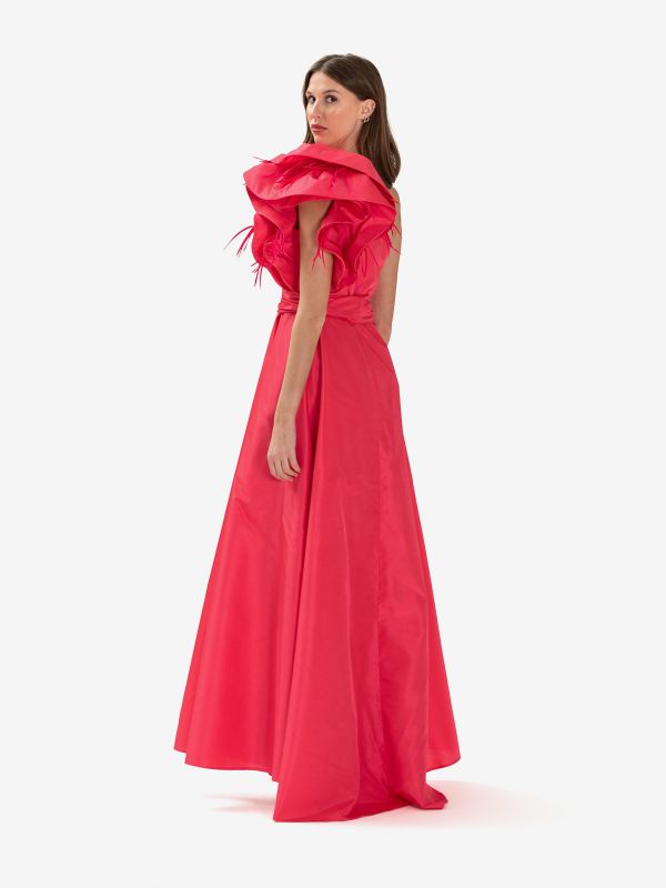ANTONIO D'ERRICO Abito lungo monospalla con rouches taftà Fragola