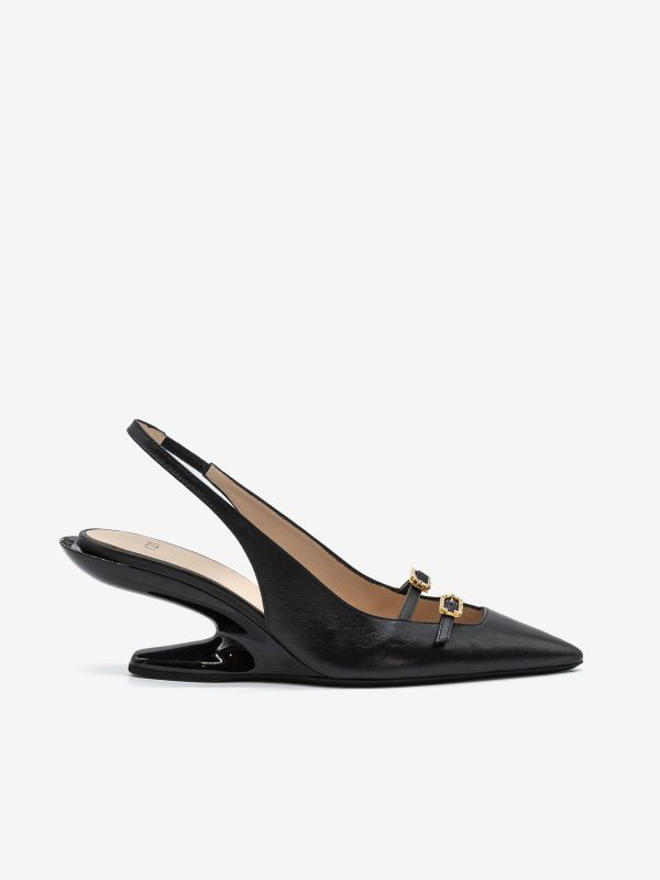 N°21 Slingback pelle con fibbie strass tc zeppa 7 cm Nero N°21 Slingback pelle con fibbie strass tc zeppa 7 cm Nero