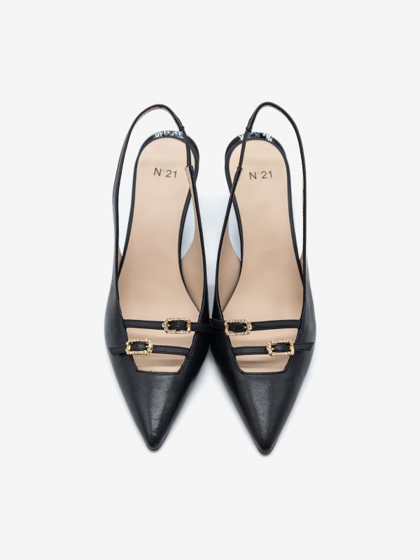 N°21 Slingback pelle con fibbie strass tc zeppa 7 cm Nero N°21 Slingback pelle con fibbie strass tc zeppa 7 cm Nero