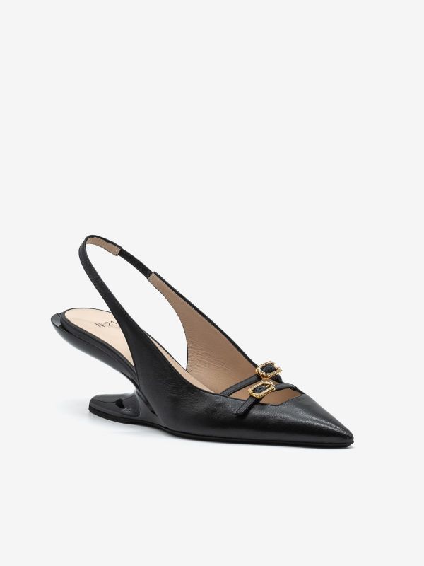 N°21 Slingback pelle con fibbie strass tc zeppa 7 cm Nero N°21 Slingback pelle con fibbie strass tc zeppa 7 cm Nero