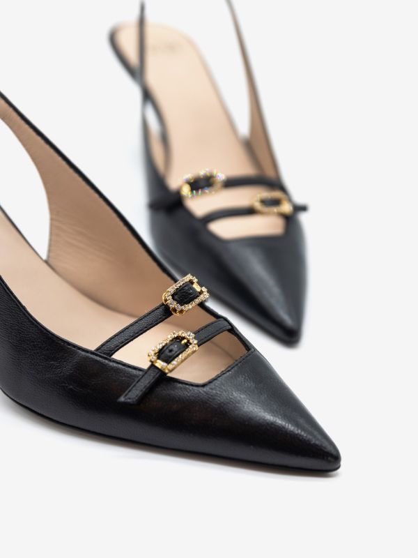 N°21 Slingback pelle con fibbie strass tc zeppa 7 cm Nero N°21 Slingback pelle con fibbie strass tc zeppa 7 cm Nero