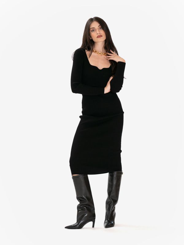 P.A.R.O.S.H. Abito midi lana a coste scollo a cuore Nero