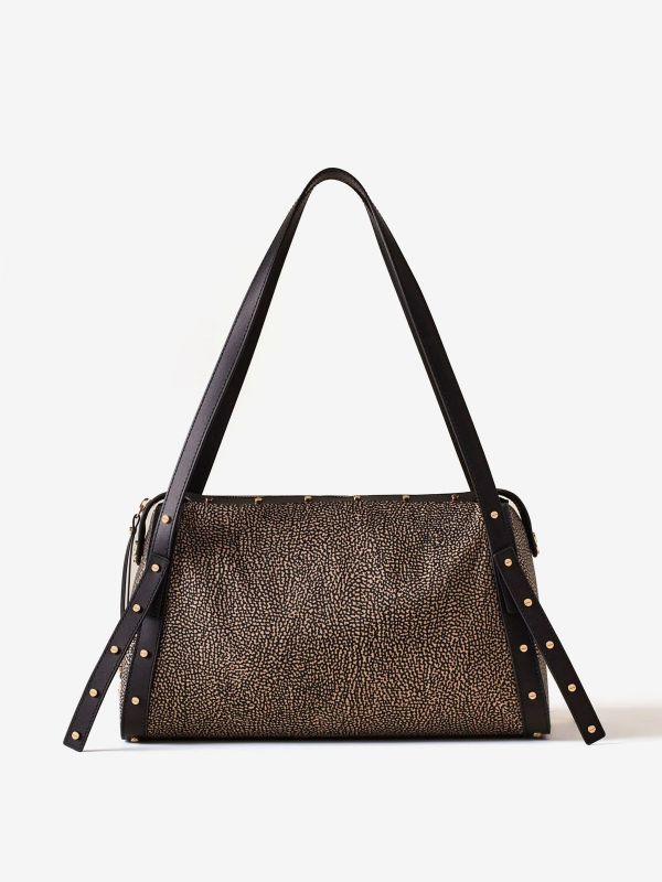 BORBONESE Borsa bauletto grande tessuto classico + borchie 