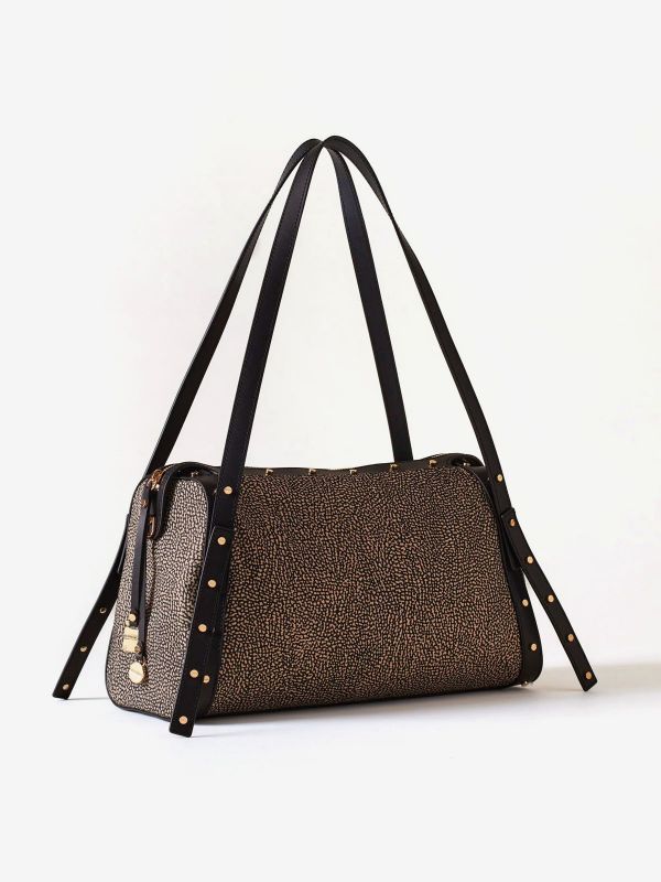 BORBONESE Borsa bauletto grande tessuto classico + borchie 