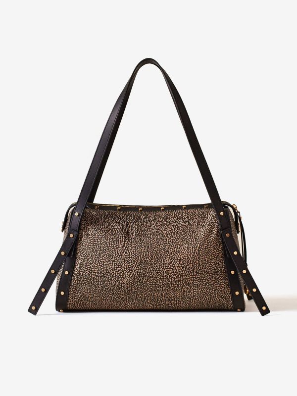 BORBONESE Borsa bauletto grande tessuto classico + borchie 