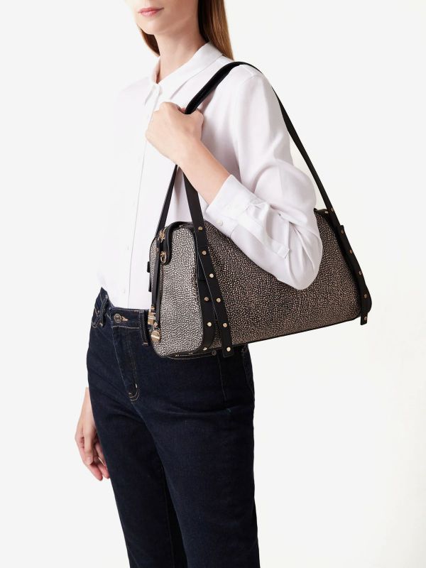 BORBONESE Borsa bauletto grande tessuto classico + borchie 