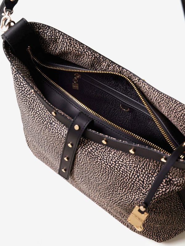 BORBONESE Borsa a spalla media tessuto classico con borchie 
