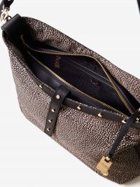 BORBONESE Borsa a spalla media tessuto classico con borchie 