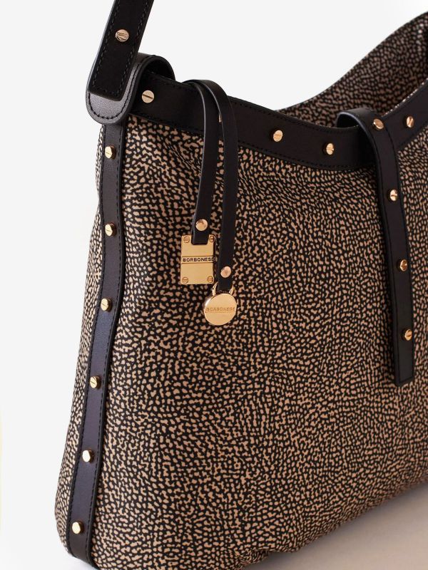 BORBONESE Borsa a spalla media tessuto classico con borchie 