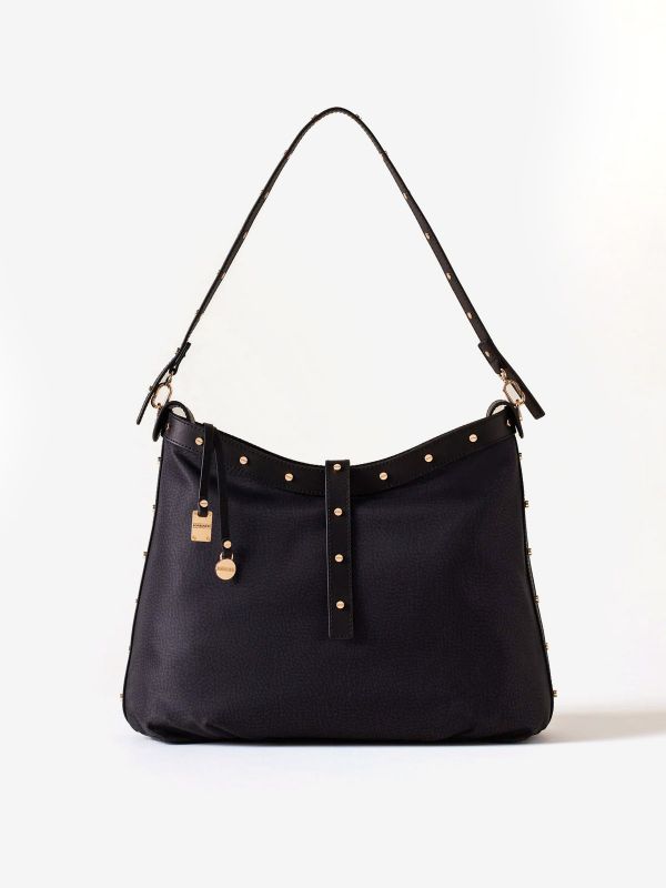 BORBONESE Borsa a spalla tessuto con borchie Nero