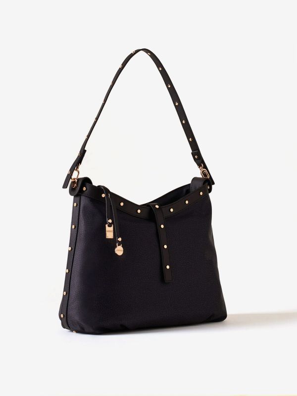 BORBONESE Borsa a spalla tessuto con borchie Nero