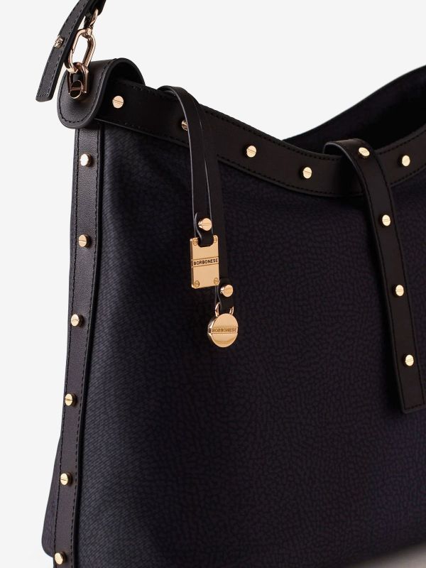 BORBONESE Borsa a spalla tessuto con borchie Nero