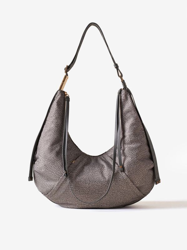 BORBONESE Borsa hobo tessuto con borchie Grigio