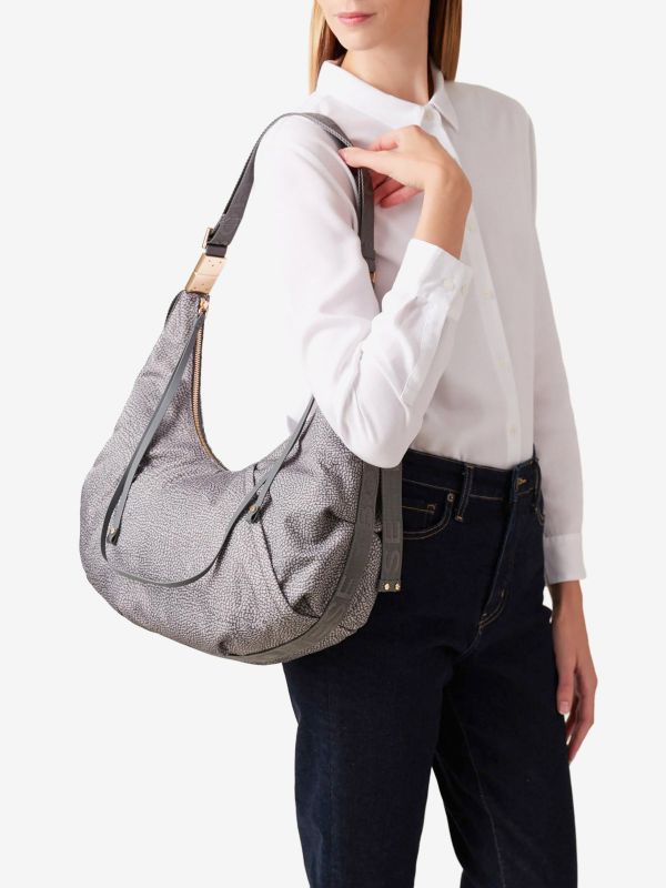 BORBONESE Borsa hobo tessuto con borchie Grigio
