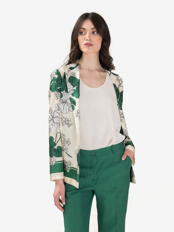 P.A.R.O.S.H. Giacca monopetto in seta fantasia fiori verde/bianca