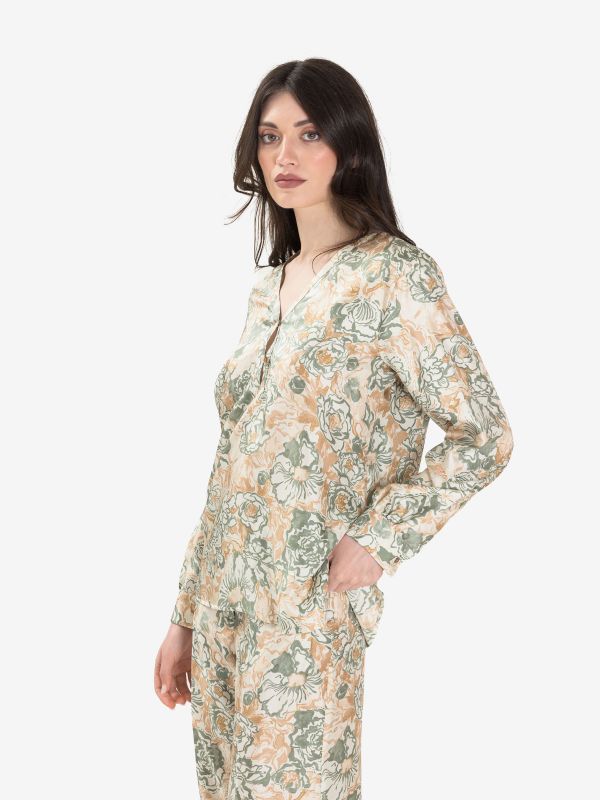 MOMONI' Blusa seta fantasia tabacco/acqua marina