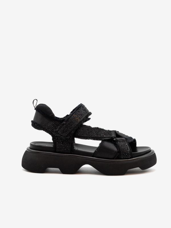 JEANNOT Sandalo basso fondo gomma raso + strass Nero JEANNOT Sandalo basso fondo gomma raso + strass Nero