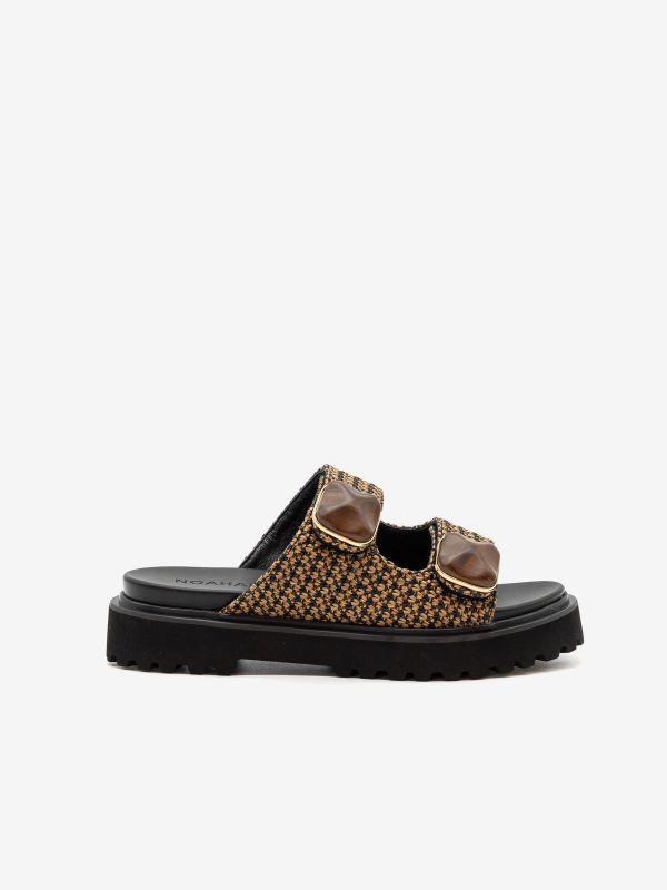 NOA HARMON Ciabattina fondo gomma raffia cuoio/nero