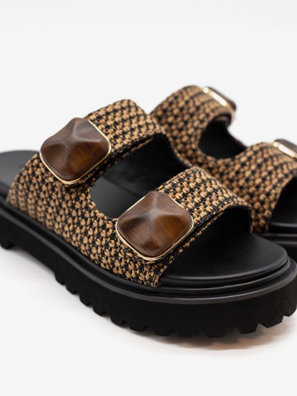 NOA HARMON Ciabattina fondo gomma raffia cuoio/nero