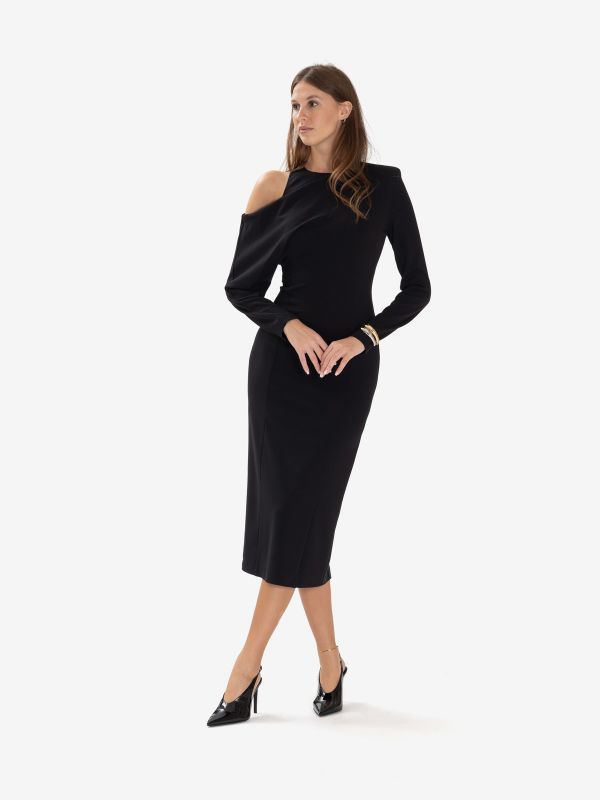 ERIKA CAVALLINI Tubino midi jersey maniche lunghe con omero scoperto Nero