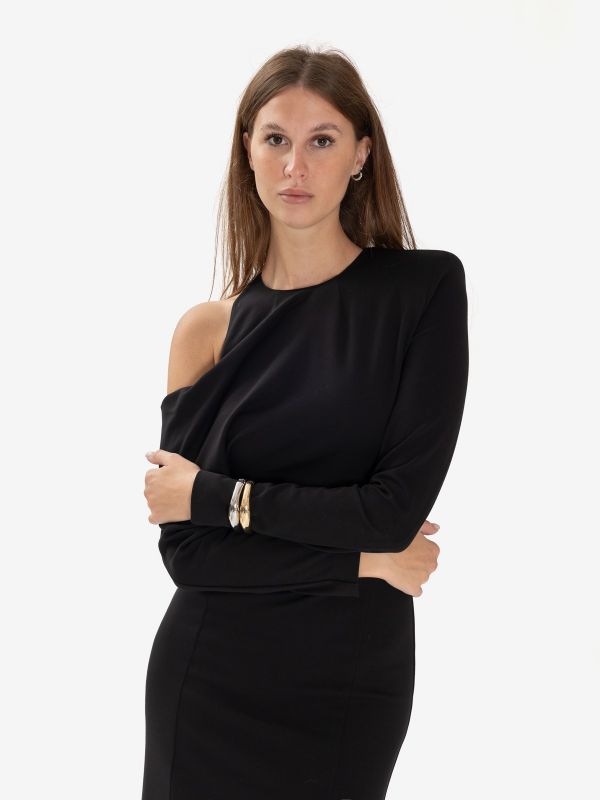 ERIKA CAVALLINI Tubino midi jersey maniche lunghe con omero scoperto Nero