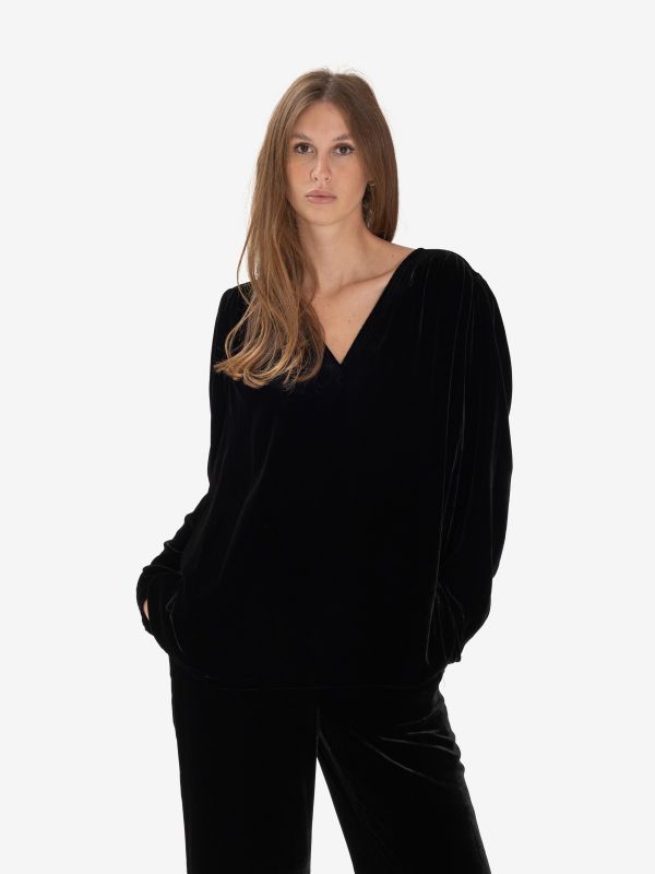 MOMONI' Blusa velluto m/l scollo a v Nero