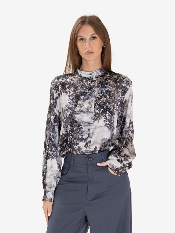 MOMONI' Camicia seta collo coreana fantasia fiori fondo grigio 