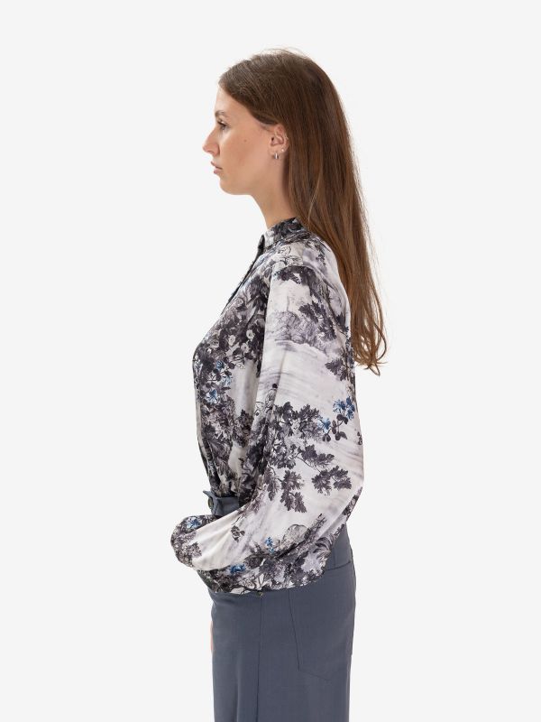 MOMONI' Camicia seta collo coreana fantasia fiori fondo grigio 