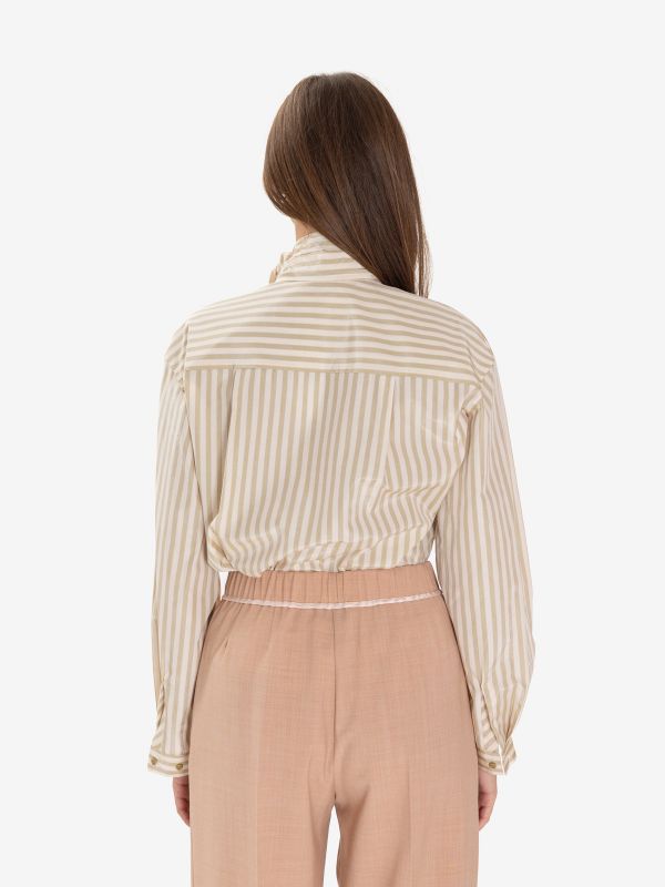 FORTE FORTE Camicia con fiocco taffetà righe verdi/panna 