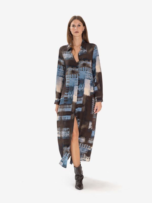 MOMONI' Abito lungo chemisier seta + fantasia azzurra Marrone