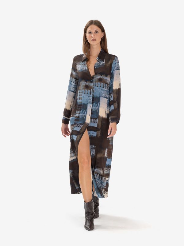 MOMONI' Abito lungo chemisier seta + fantasia azzurra Marrone