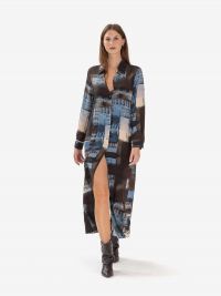 MOMONI' Abito lungo chemisier seta + fantasia azzurra Marrone