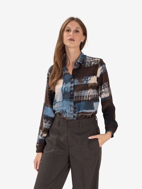 MOMONI' Camicia seta m/l fondo marrone fantasia azzurra 