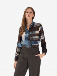 MOMONI' Camicia seta m/l fondo marrone fantasia azzurra 