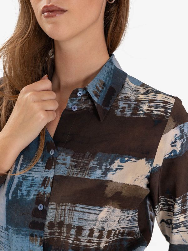 MOMONI' Camicia seta m/l fondo marrone fantasia azzurra 