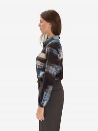 MOMONI' Camicia seta m/l fondo marrone fantasia azzurra 