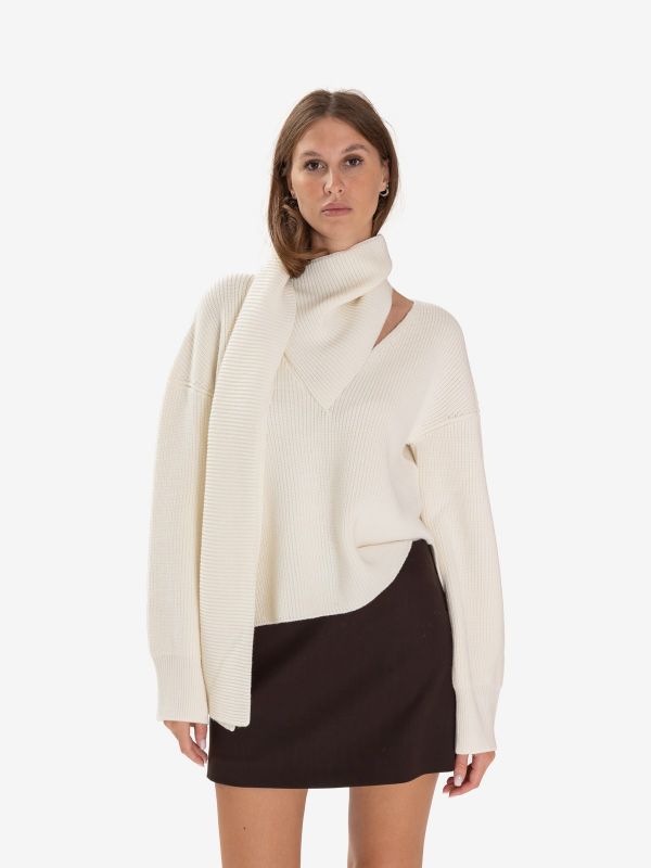 ERIKA CAVALLINI Maglione scollo a v con sciarpetta Panna