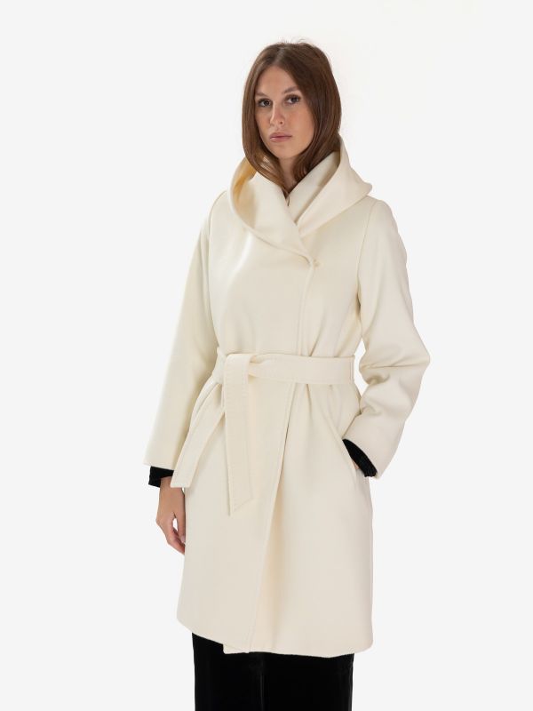 MAX MARA STUDIO Cappotto corto con cintura e cappuccio Panna