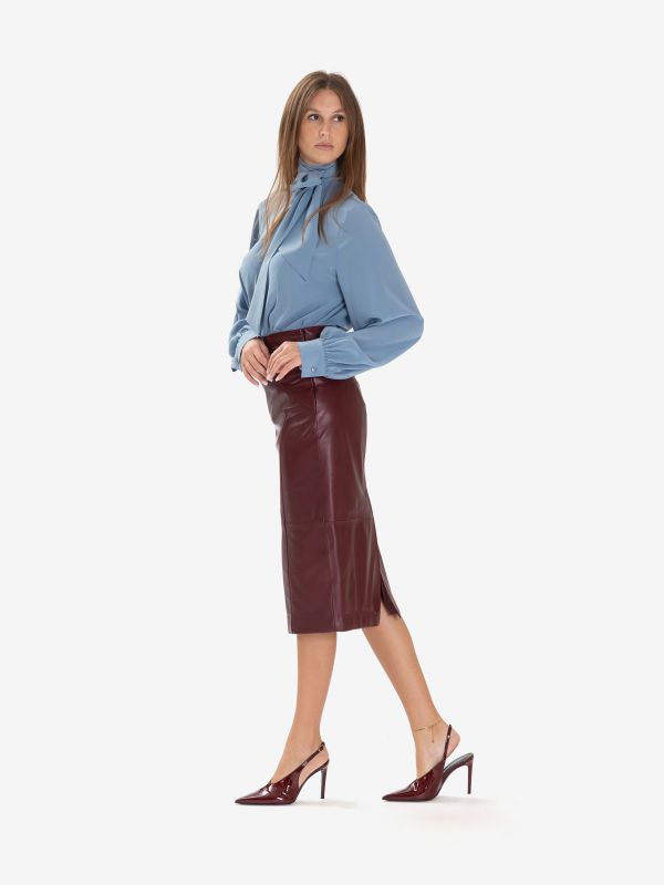 MAX MARA STUDIO Gonna tubino longuette pelle Bordeaux